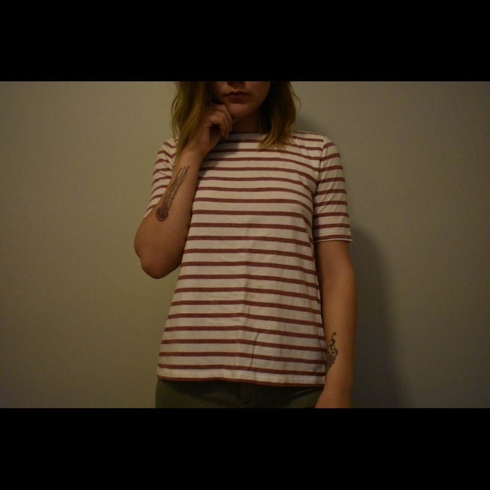 Pink and white striped Gap shirt.